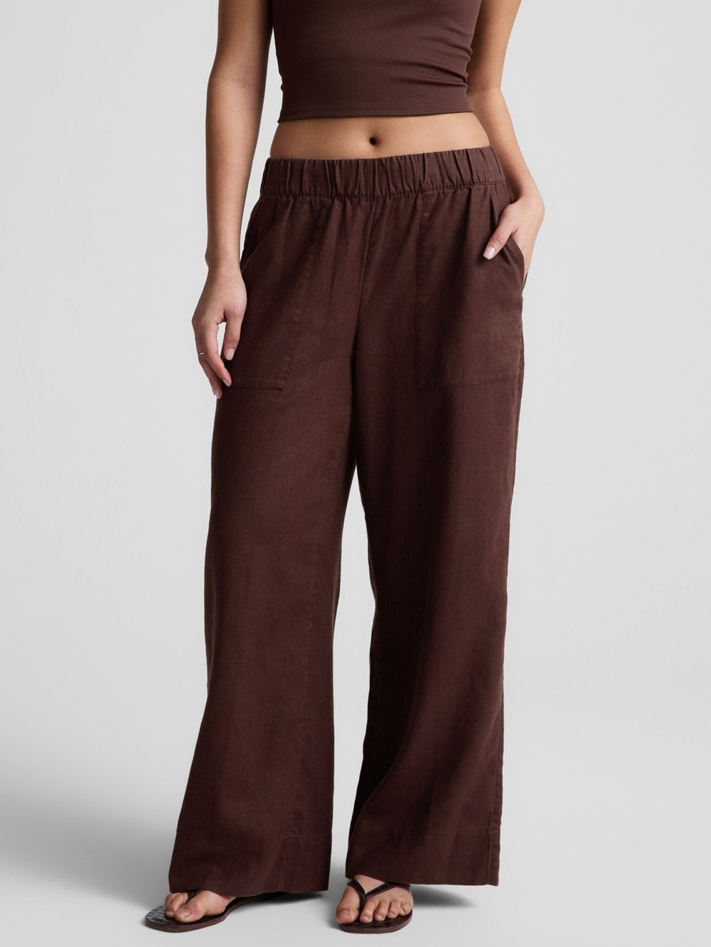 Beyond Yoga Linen Softwash Easy Wide Leg Pants 29” Iced Mocha Sz Large Pull On